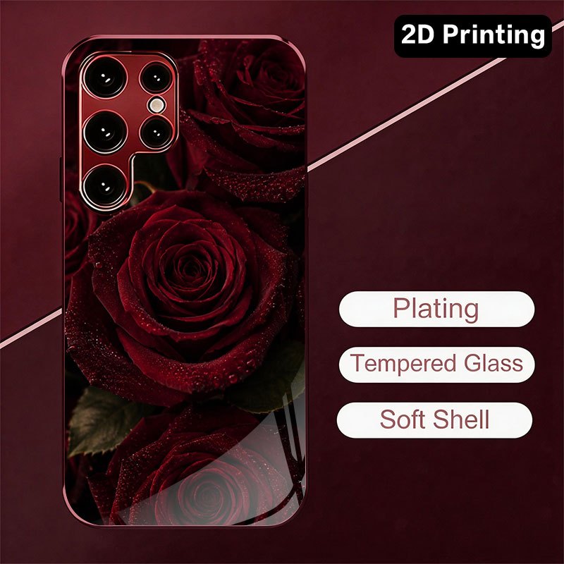 Computer Case - غطاء هاتف زجاجي بنقشة وردة حمراء